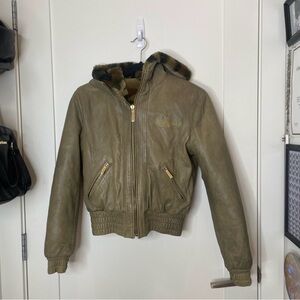 Baby Phat Reversible Leather & Fur Bomber Jacket Green Camouflage